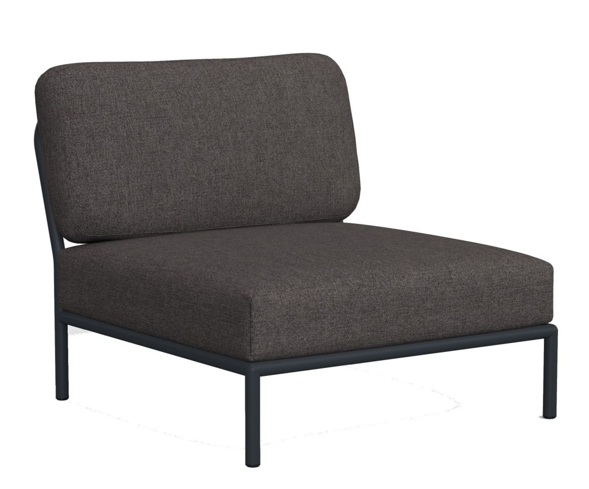 Houe Level Lounge Sessel für den Außenbereich, grauer Stoffbezug und dunkles Metallgestell.